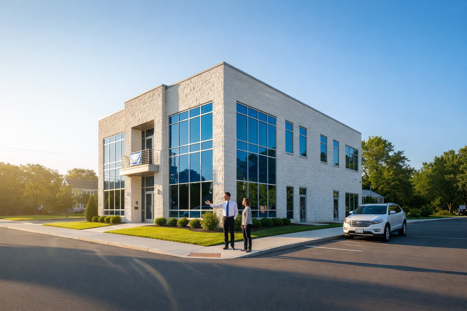 Two-story modern commercial office building with large glass windows and stone facade, two people standing on the sidewalk in front and a parked SUV in the lot — commercial real estate in CT.