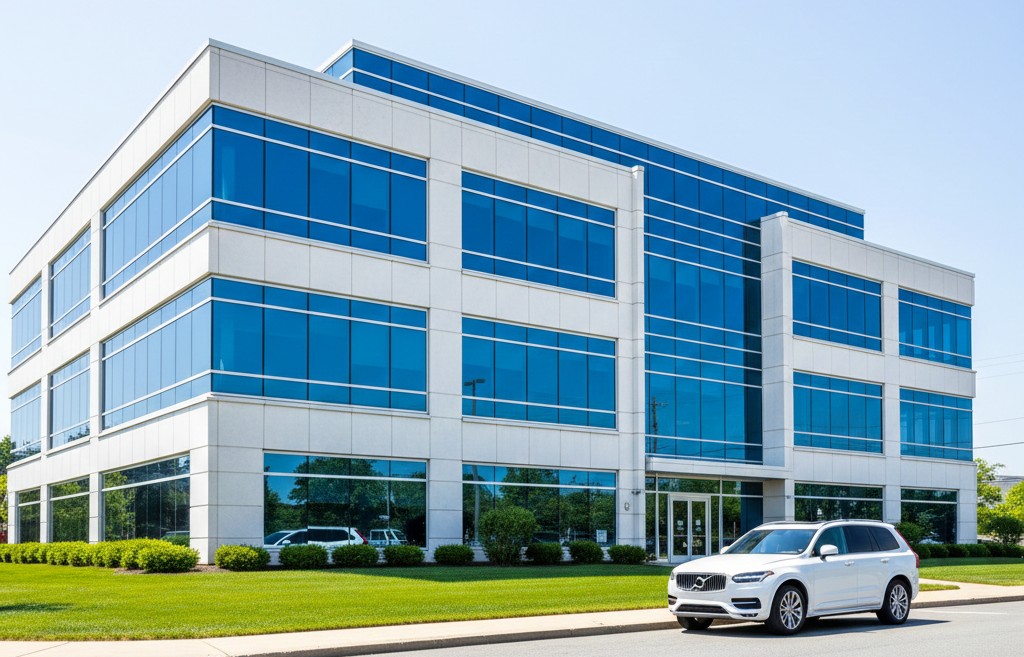 Three-story modern glass-and-stone office building with landscaped lawn and a white SUV parked in front — commercial real estate in CT.