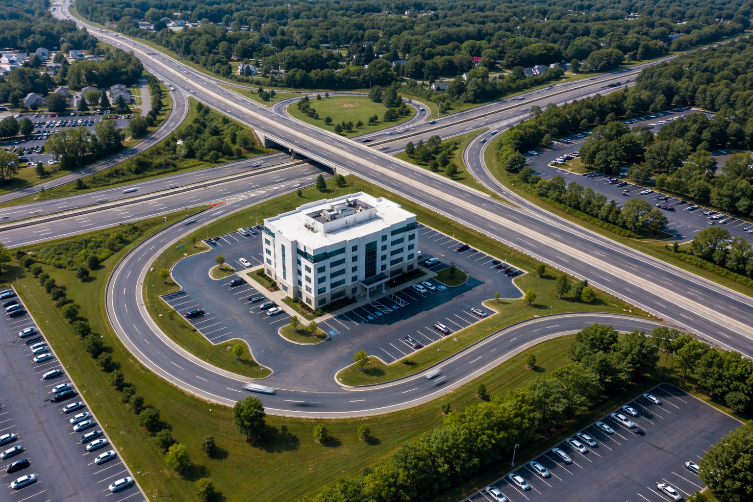 Aerial view of a four-story office building with surrounding parking lots and curved access roads near a highway interchange, set in a green suburban area — commercial real estate in CT.