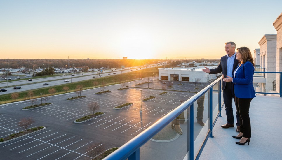 Two professionals on a building balcony overlooking an empty parking lot and nearby highway at sunset, showcasing commercial real estate in CT.