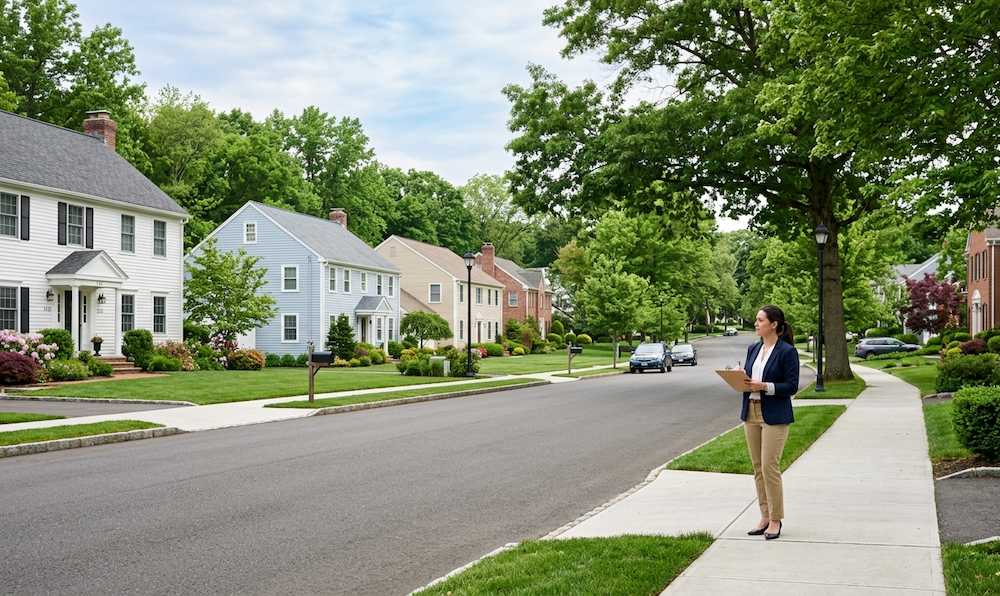 A real estate agent standing on a sidewalk in a suburban Connecticut neighborhood