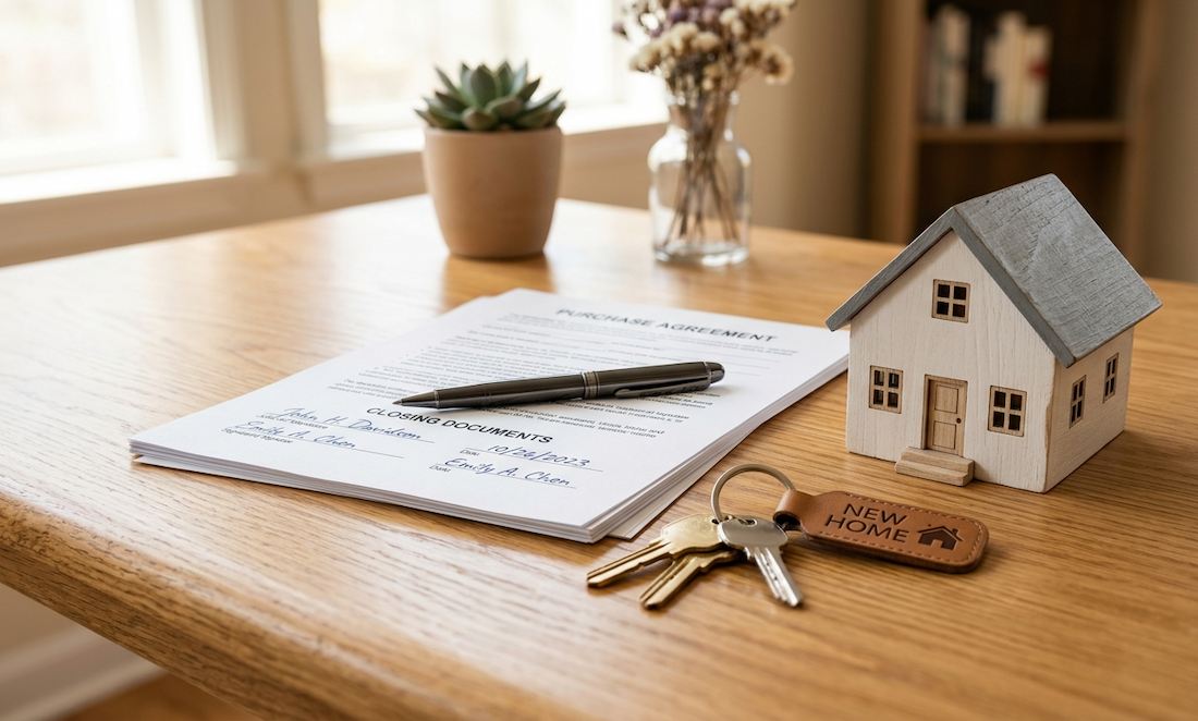 Signed real estate closing documents with a pen, a model house, and new keys on a wooden desk