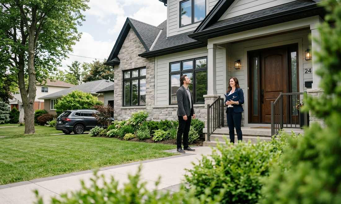 A real estate agent and home buyer standing outside a modern, two-story house