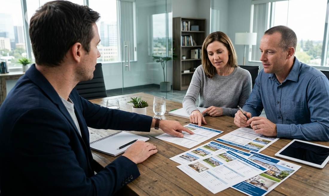 A professional consultant explaining financial data and property valuations to clients