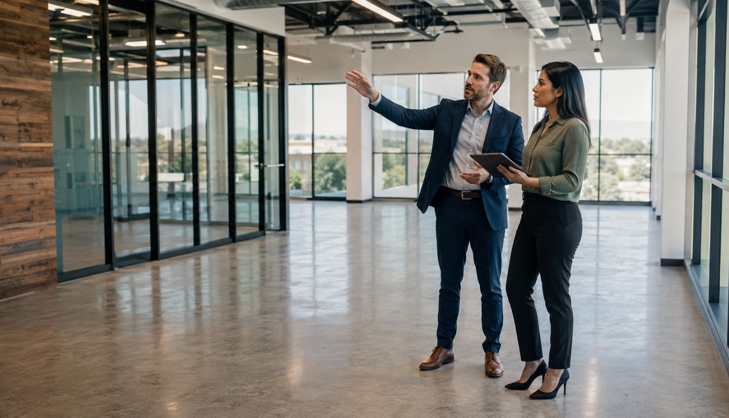 Man in suit showing empty modern office space