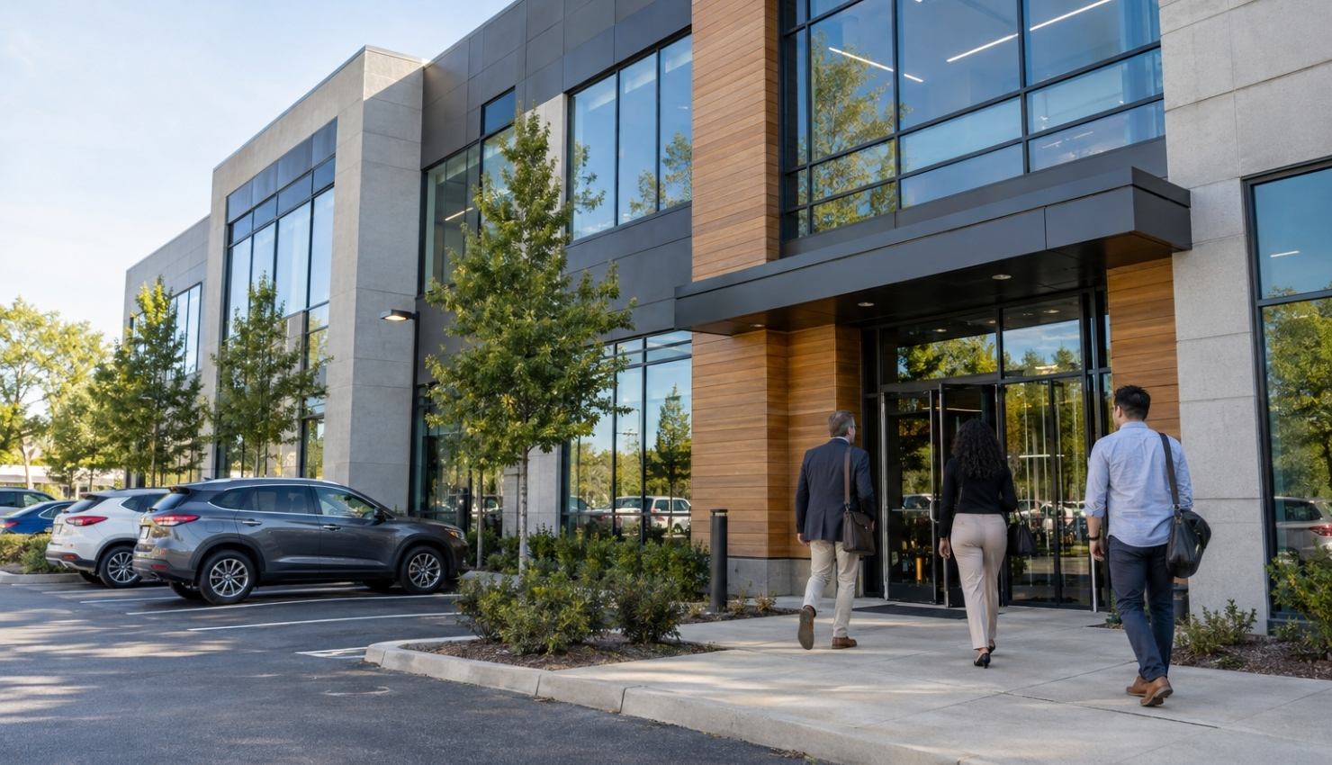 entrance of a modern, multi-story office building