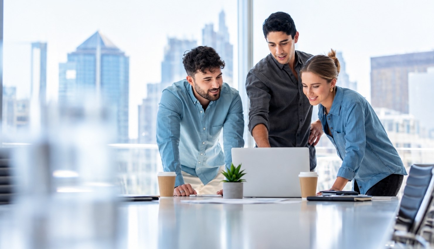 business team of three people collaborating