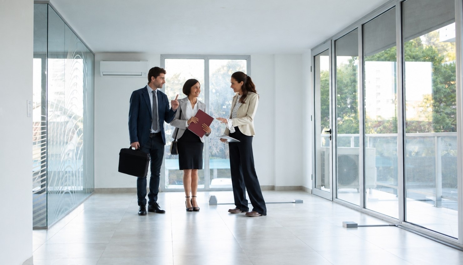 talking with businessman and businesswoman